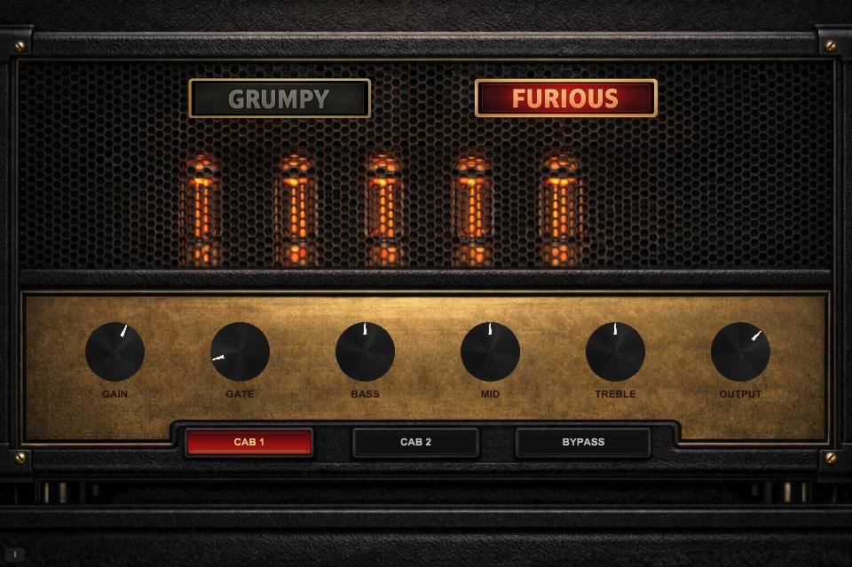 AngryAmpOne plugin interface showing Grumpy and Furious amp models with knobs and cab selection